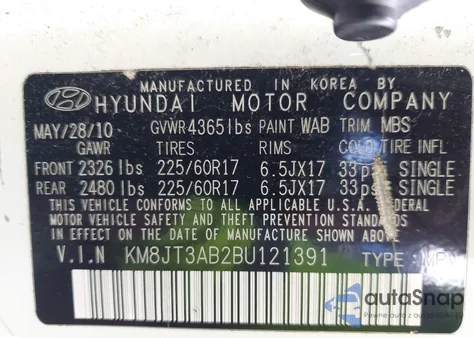 2011 Hyundai Tucson Gl из США, поврежденный, VIN KM8JT3AB2BU121391